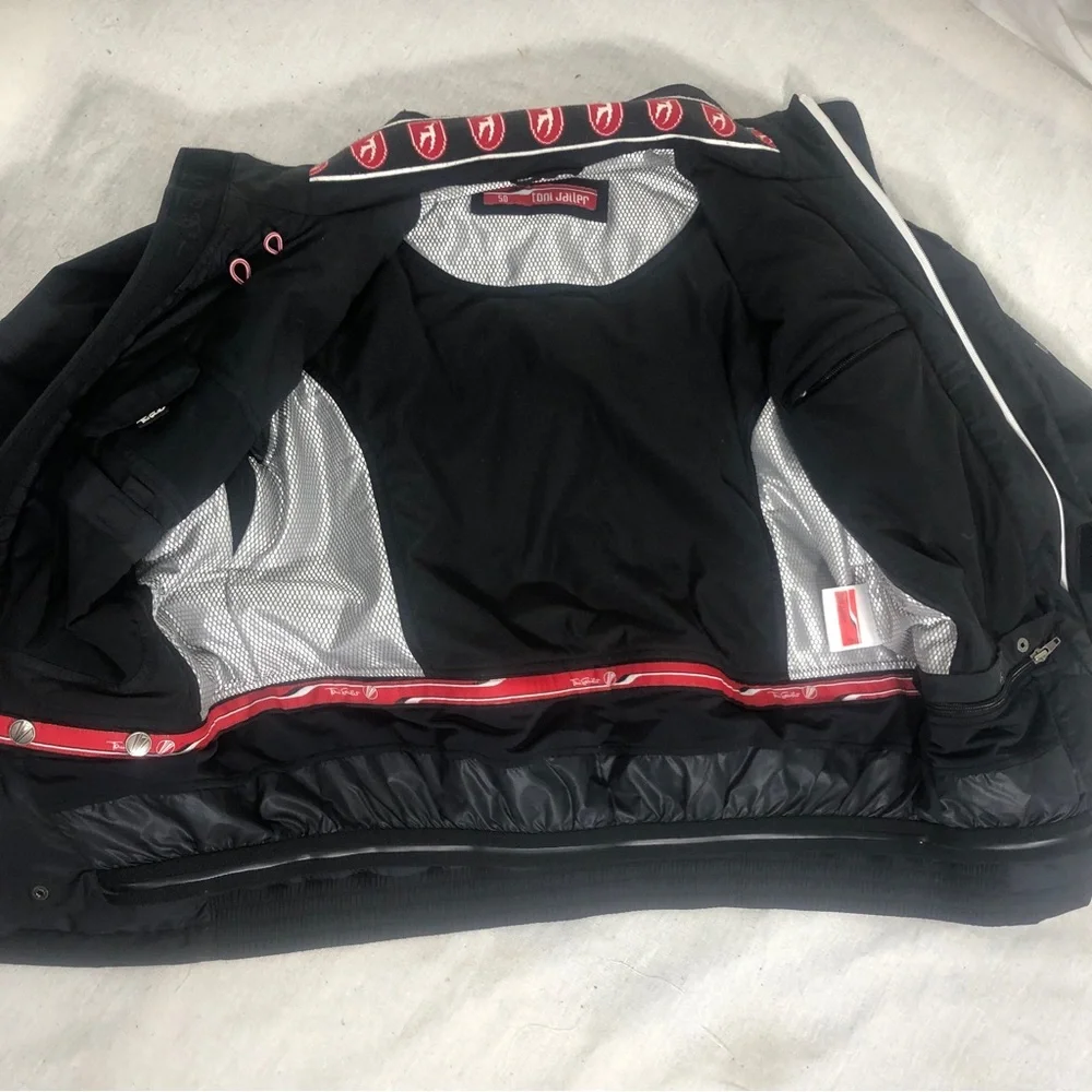 Toni Sailer ski jacket zipper front black mens MEDIUM black white red